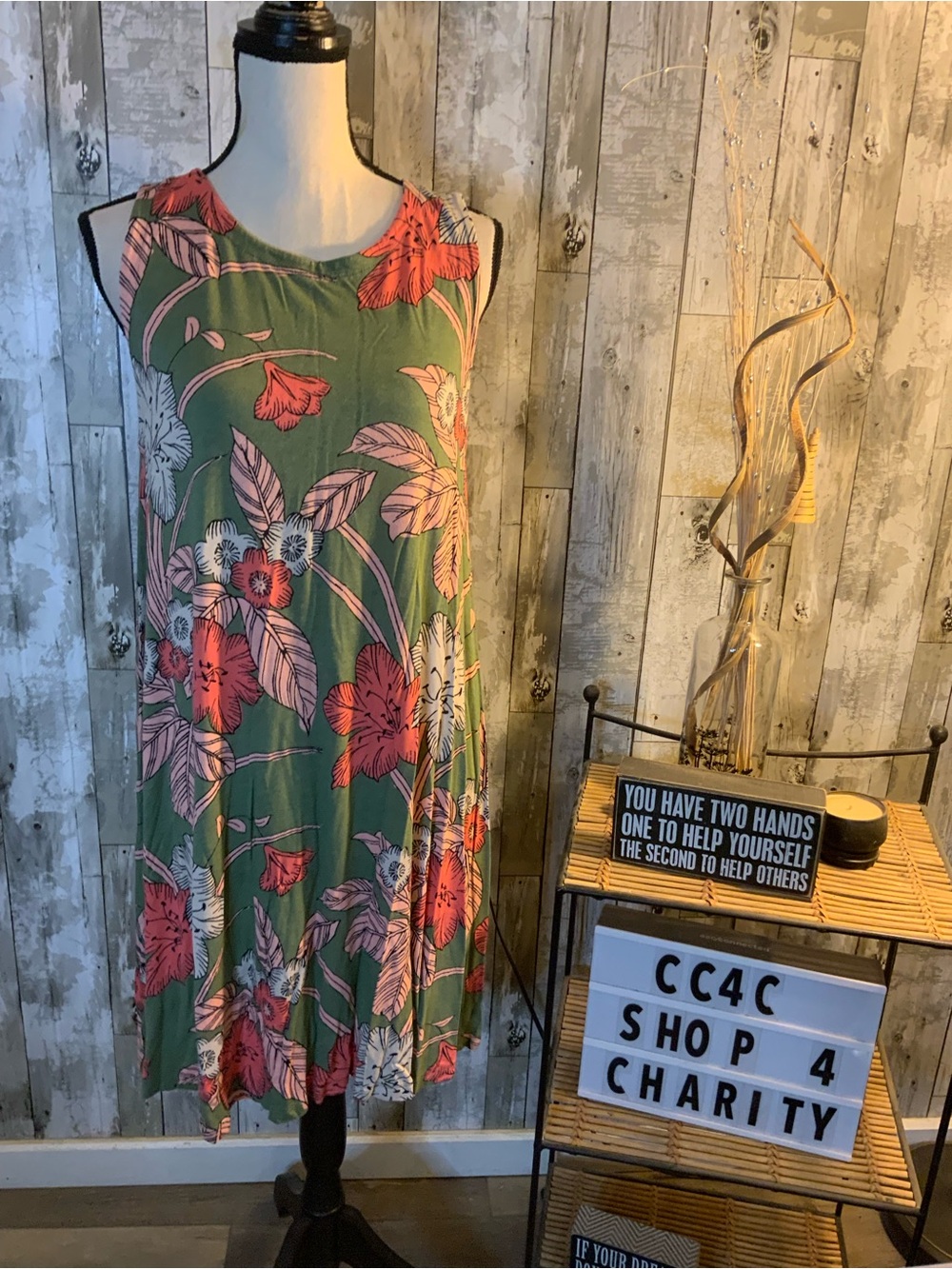 LOFT Green Floral Sleeveless Swing Dress with Pink & Red Blooms